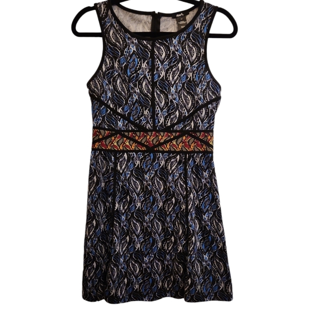 Mark Safari Dress Blue Abstract Design With Red Leaf Waistband Size S/P